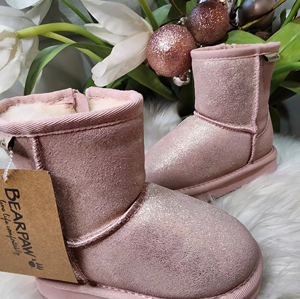 BEARPAW Elle Exotic Youth Classic Suede Pink Glitter boots new